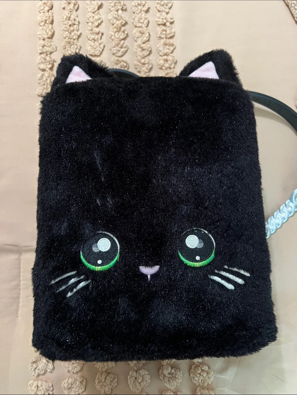 Black Plush Cat Crossbody Bag with Green Eyes -